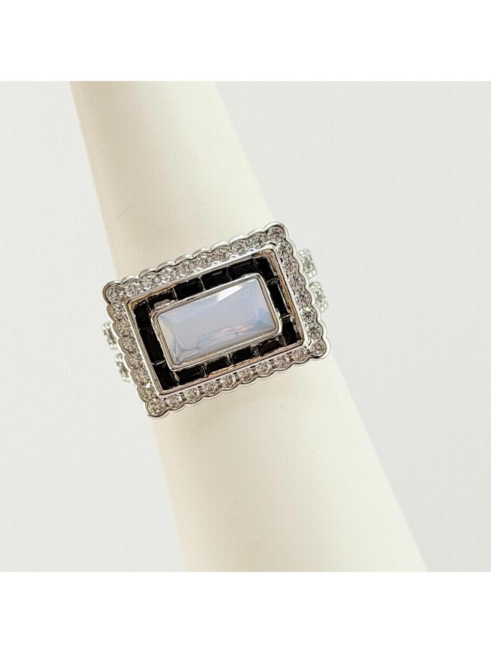 Bomb Party Ring Sz 10 "The Calista Ring" Black Onyx & Moonstone on Rhodium
